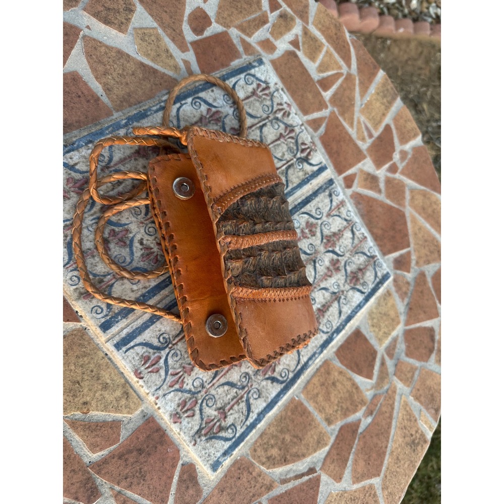 Vintage Handcrafted Leather Alligator Crossbody Bag Tan Western Whipstitch Boho